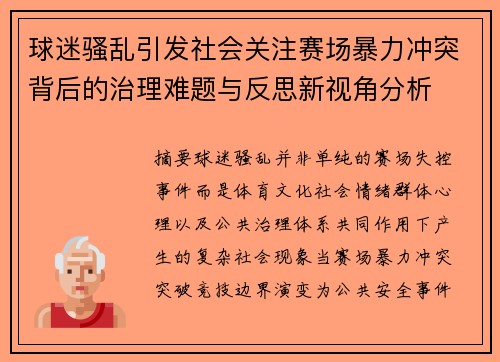 球迷骚乱引发社会关注赛场暴力冲突背后的治理难题与反思新视角分析