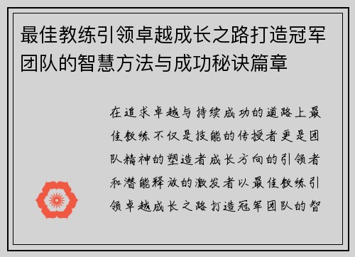 最佳教练引领卓越成长之路打造冠军团队的智慧方法与成功秘诀篇章
